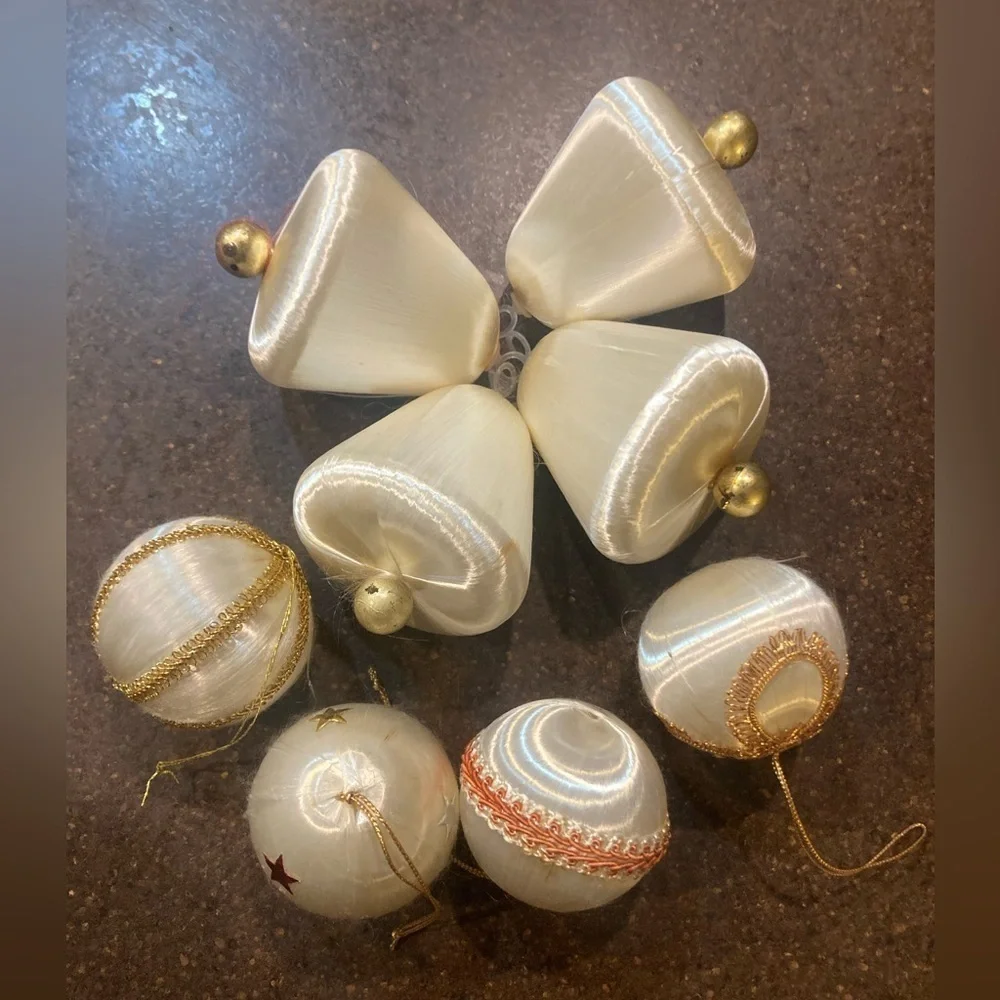 Sey of 8 Vintage White Satin Ornaments